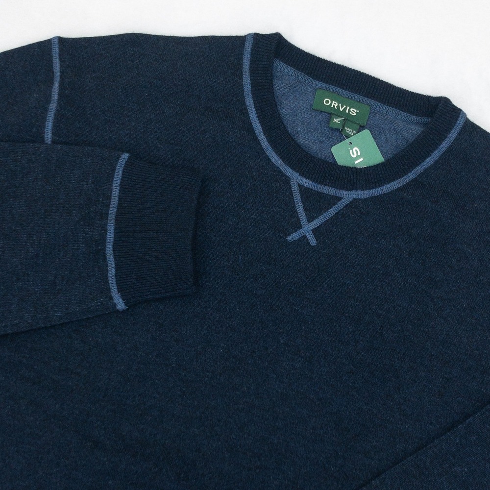 Orvis Sweater Mens XL Blue Merino Plaited Crewneck Contrast Stitch Pullover New